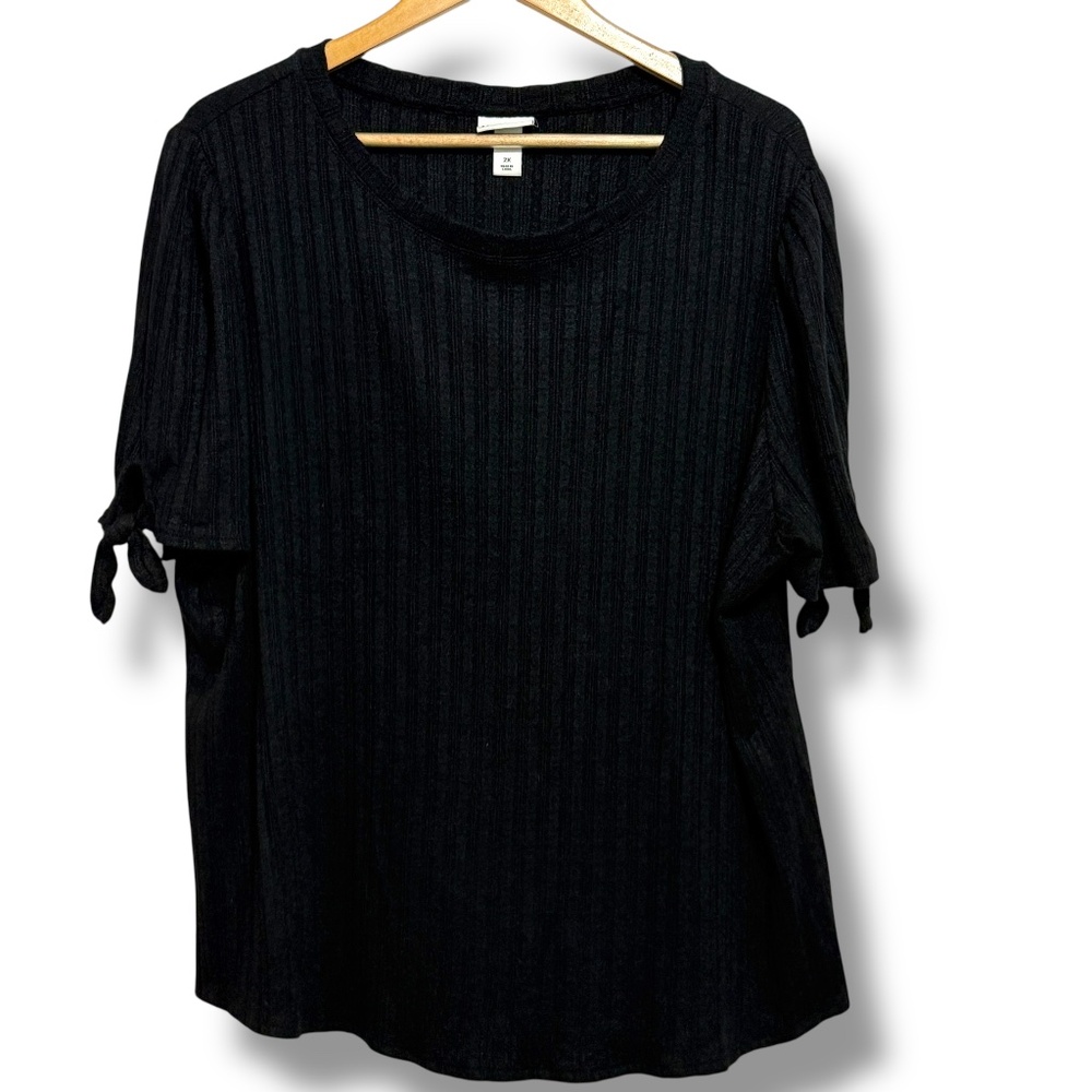 Ava & Viv Women's Tie Sleeve Textured Rib Knit Sweater Top‎ Sz 2X Black Preppy